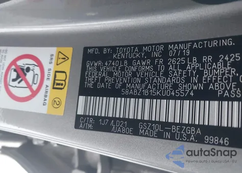 2019 Lexus Es 350 z USA, uszkodzony, nr VIN 58ABZ1B15KU045574